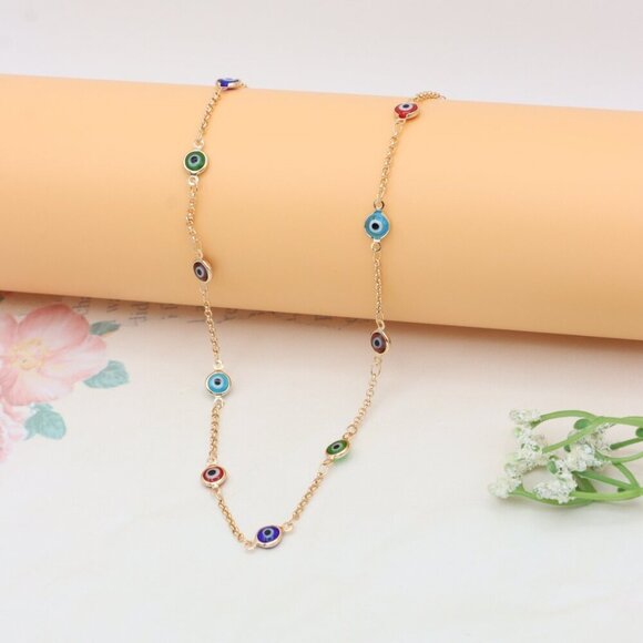 Rose Gold Evil Eye Necklace with Multicolor Enamel Beads, XPNL0390 - Picture 1 of 9